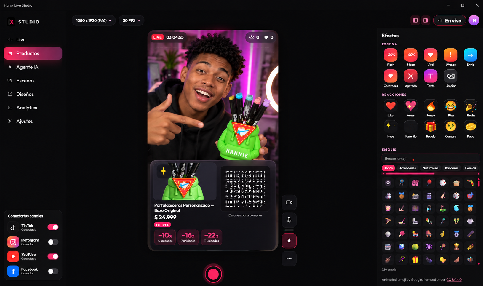 Hanix Live Studio — control de lives, catálogo en pantalla y canales
