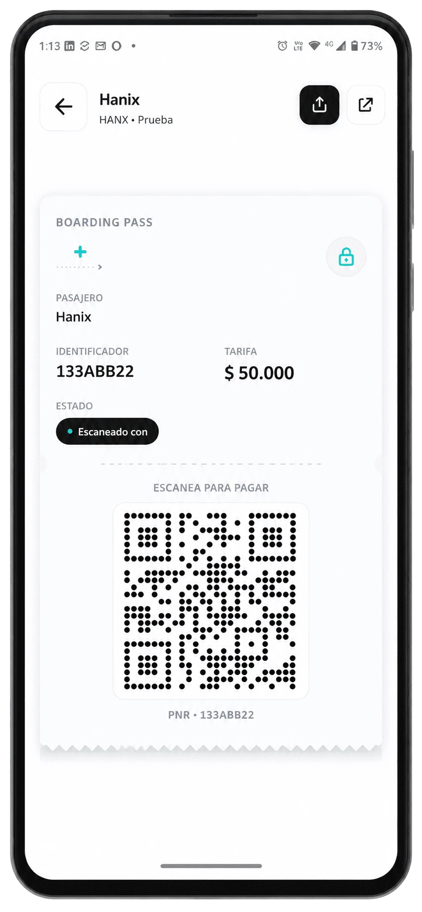 Celular con Hanix mPOS mostrando un boarding pass y QR de pago